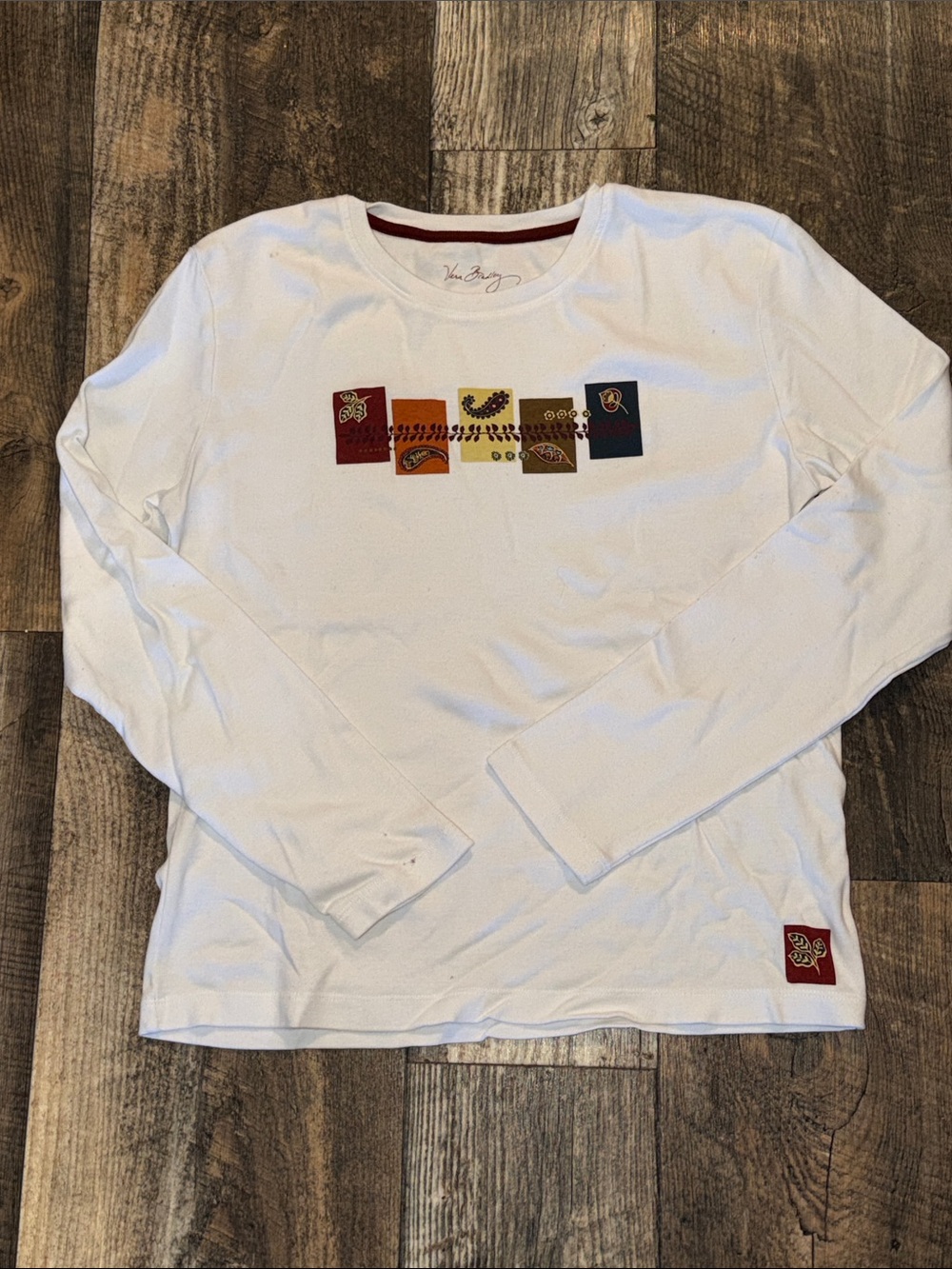 Vera Bradley White Long Sleeve Tee with Multicolor Patch Motif